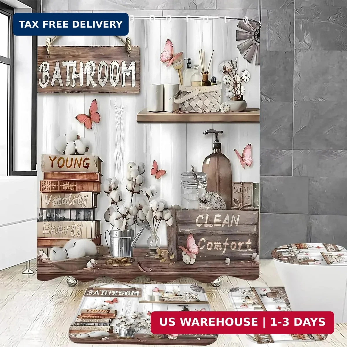 4PCS Farmhouse Shower Curtain Set Bathroom Decor Bath Mat Toilet Lid Cover 71x71