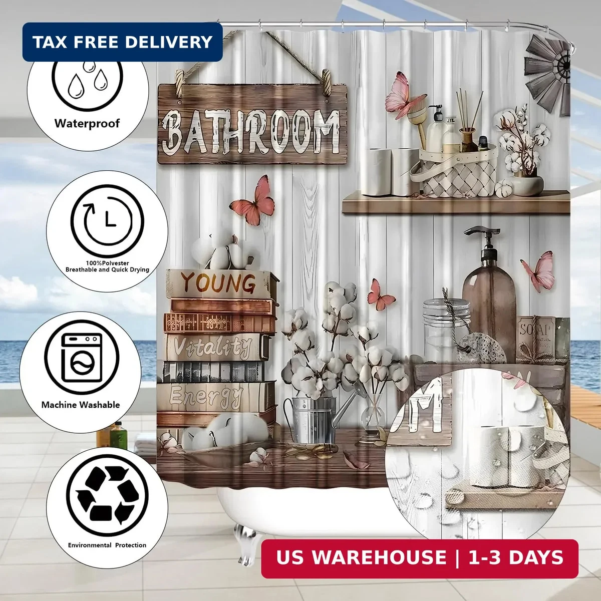 4PCS Farmhouse Shower Curtain Set Bathroom Decor Bath Mat Toilet Lid Cover 71x71