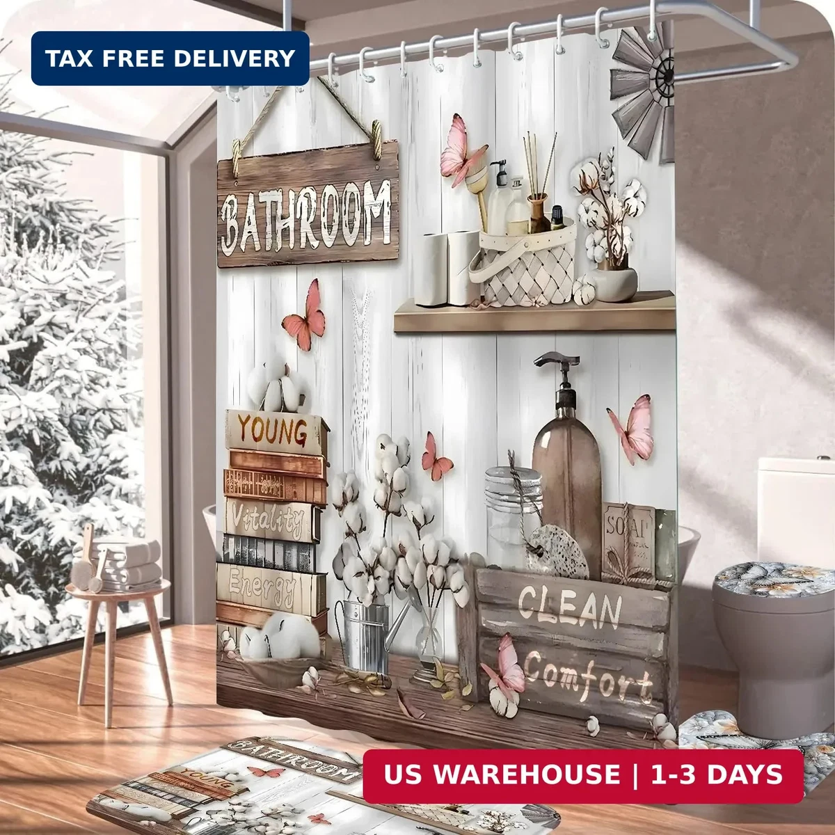 4PCS Farmhouse Shower Curtain Set Bathroom Decor Bath Mat Toilet Lid Cover 71x71