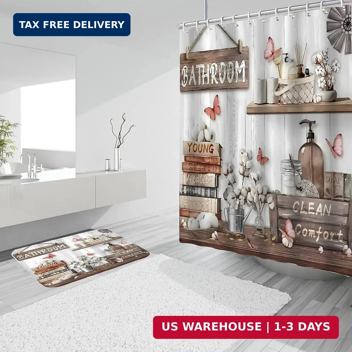 4PCS Farmhouse Shower Curtain Set Bathroom Decor Bath Mat Toilet Lid Cover 71x71