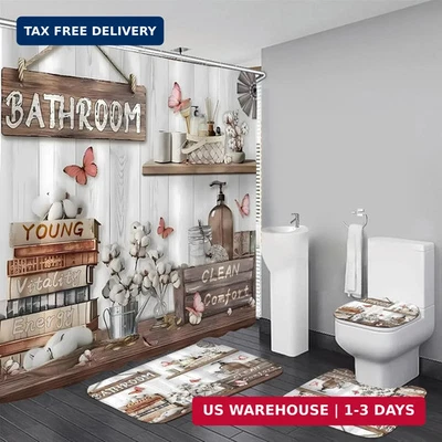4PCS Farmhouse Shower Curtain Set Bathroom Decor Bath Mat Toilet Lid Cover 71x71