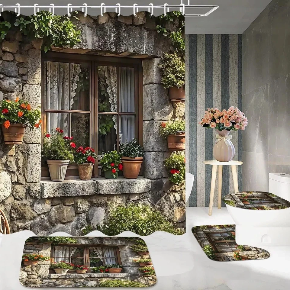 4PCS Green Spring Landscape Shower Curtain Bathroom Set with Rugs, Lid Cover ...