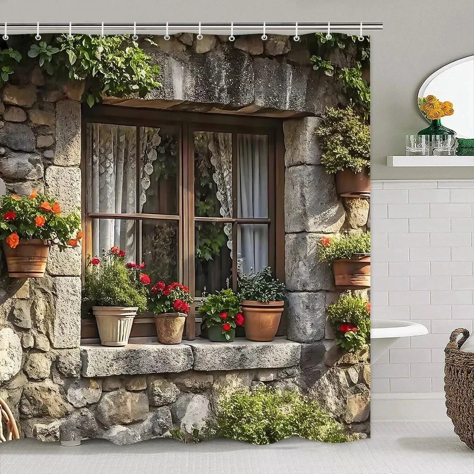 4PCS Green Spring Landscape Shower Curtain Bathroom Set with Rugs, Lid Cover ...