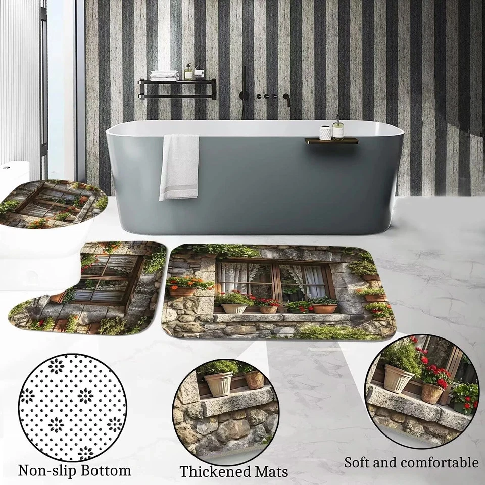4PCS Green Spring Landscape Shower Curtain Bathroom Set with Rugs, Lid Cover ...