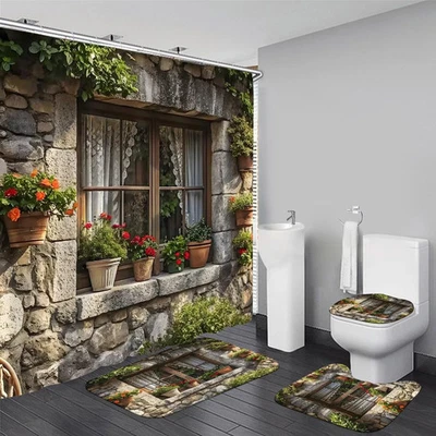 4PCS Green Spring Landscape Shower Curtain Bathroom Set with Rugs, Lid Cover ...