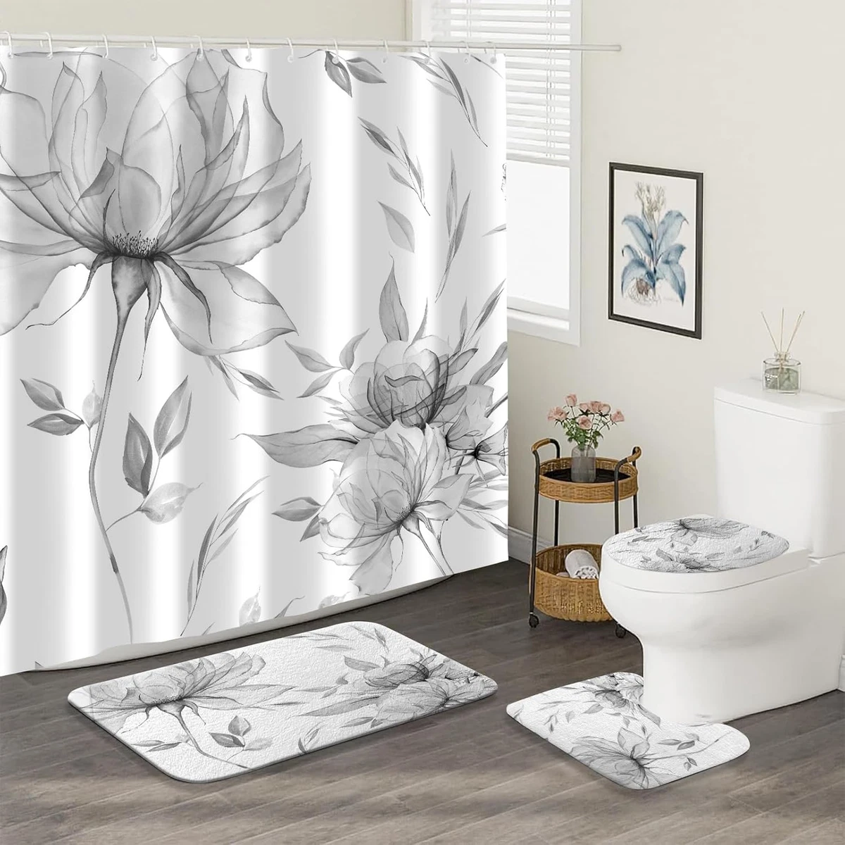 4PCS Grey Watercolor Floral Shower Curtain Set with Rugs, Toilet Lid Cover and B