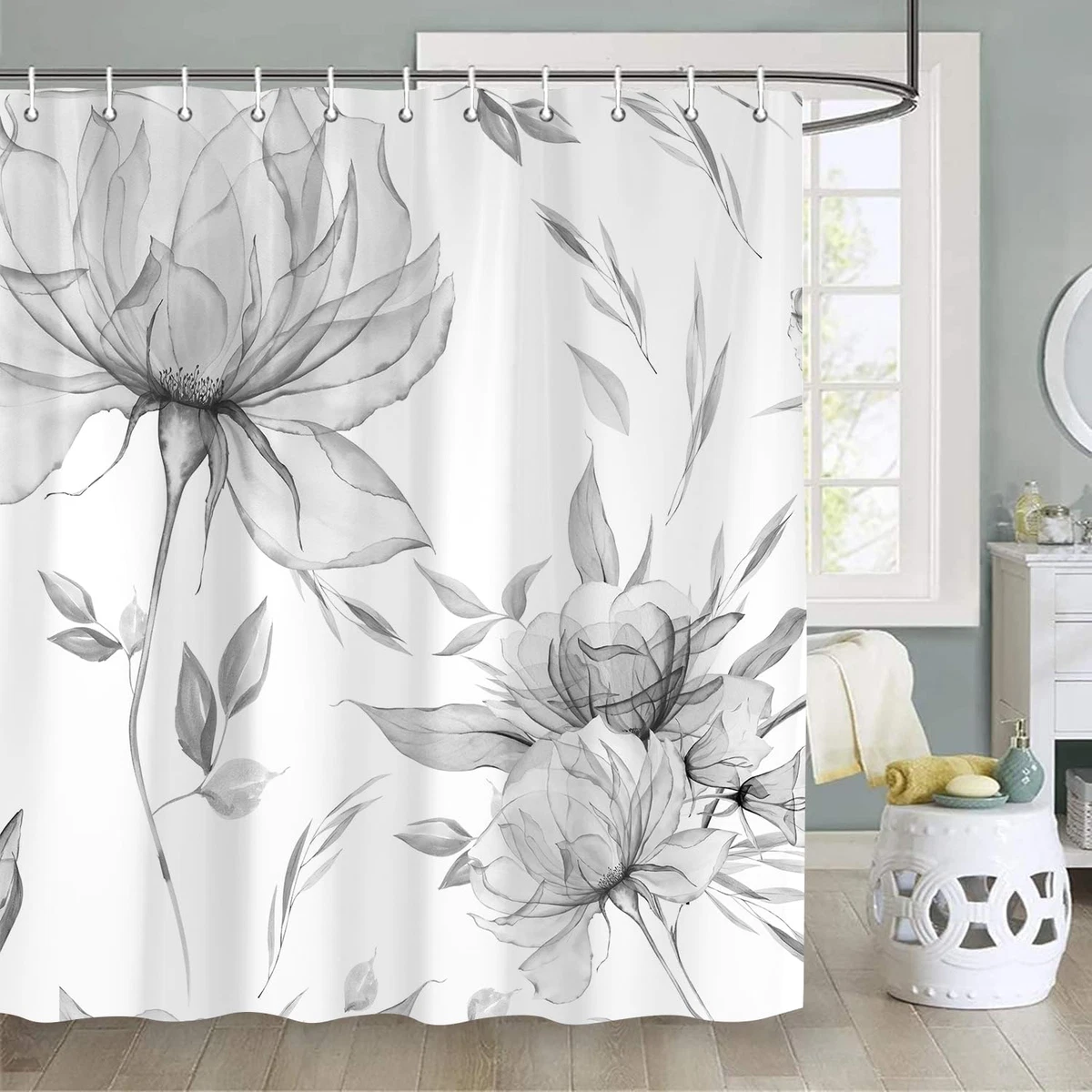 4PCS Grey Watercolor Floral Shower Curtain Set with Rugs, Toilet Lid Cover and B