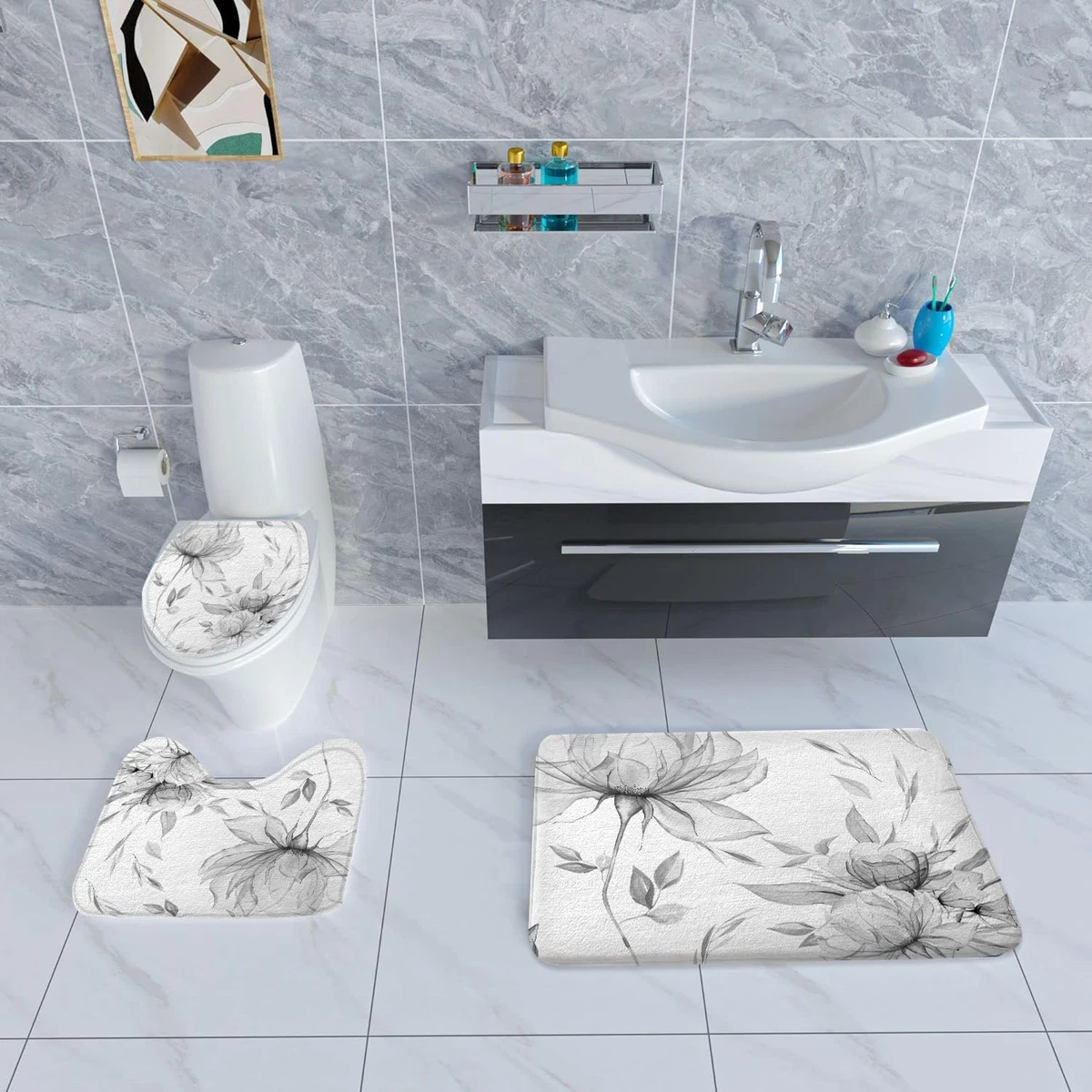 4PCS Grey Watercolor Floral Shower Curtain Set with Rugs, Toilet Lid Cover and B