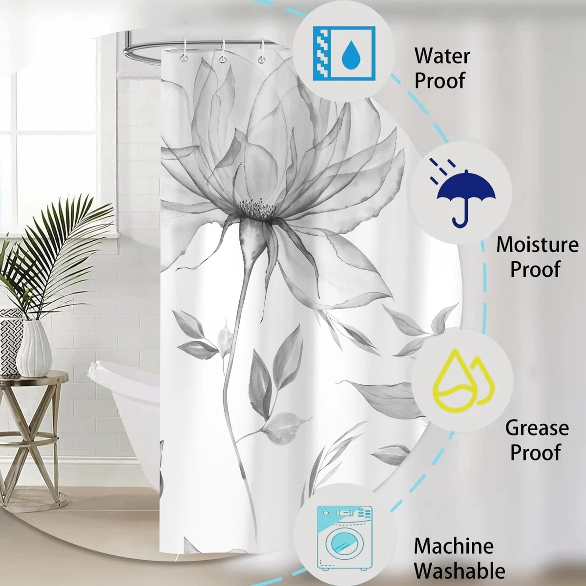 4PCS Grey Watercolor Floral Shower Curtain Set with Rugs, Toilet Lid Cover and B