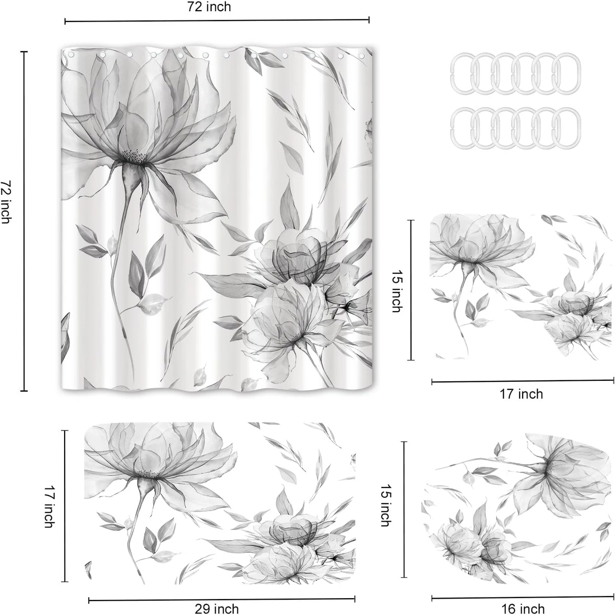 4PCS Grey Watercolor Floral Shower Curtain Set with Rugs, Toilet Lid Cover and B
