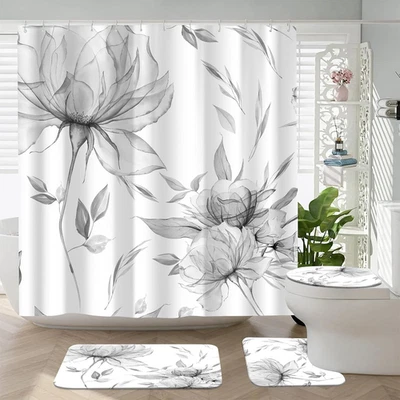 4PCS Grey Watercolor Floral Shower Curtain Set with Rugs, Toilet Lid Cover and B