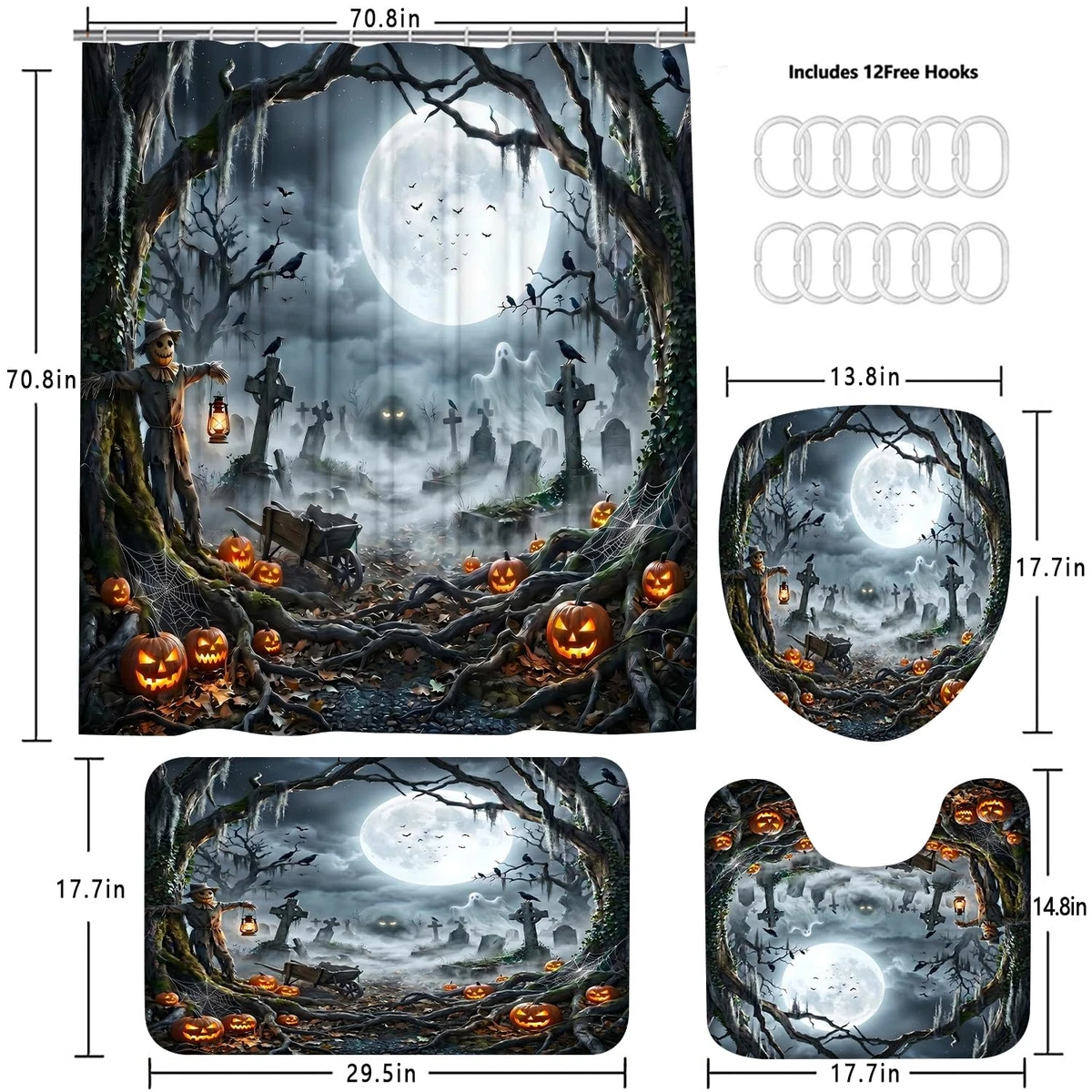 4PCS Halloween Shower Curtain Set with Non-Slip Rug, Lid Cover and Bath Mat, ...