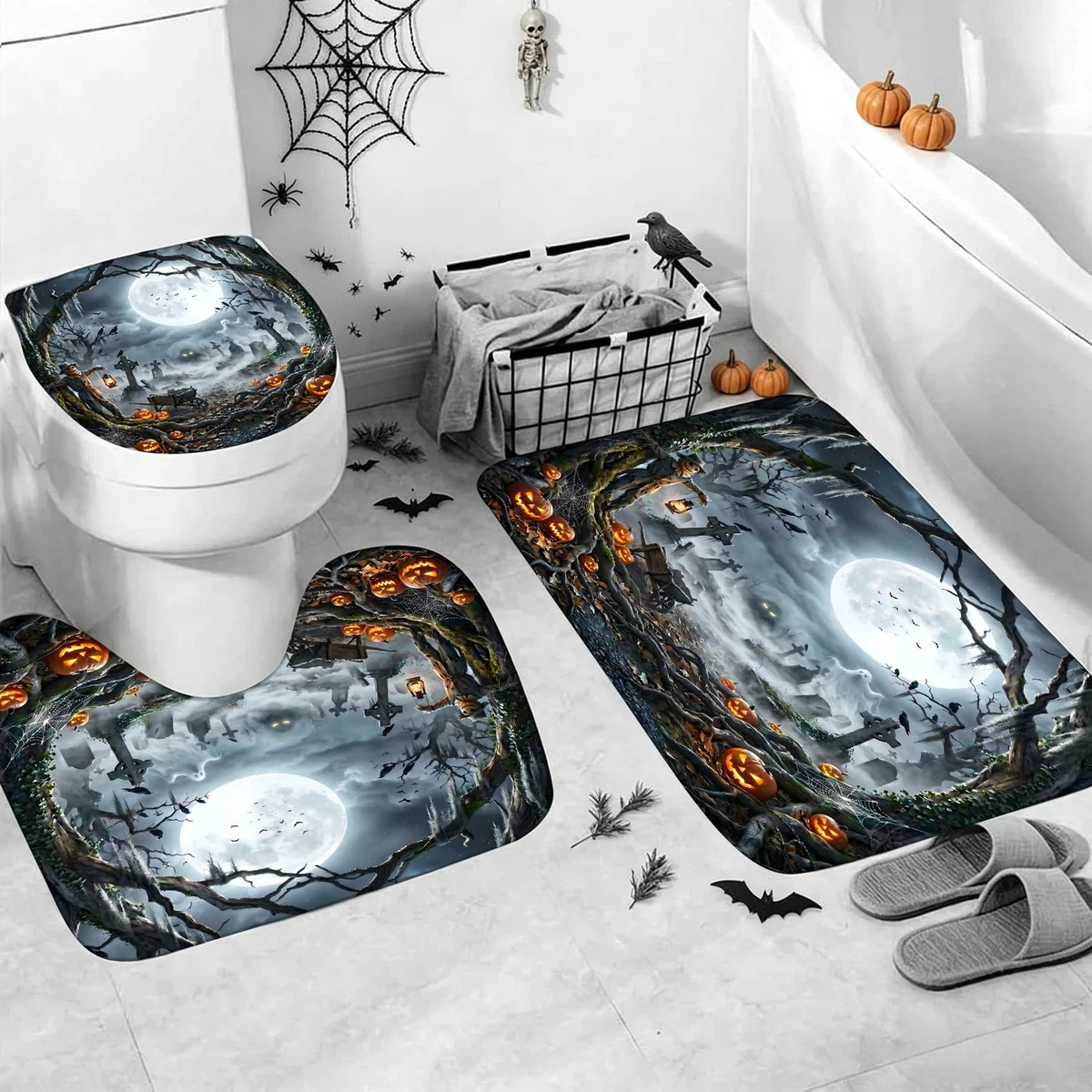 4PCS Halloween Shower Curtain Set with Non-Slip Rug, Toilet Lid Cover and Bat...