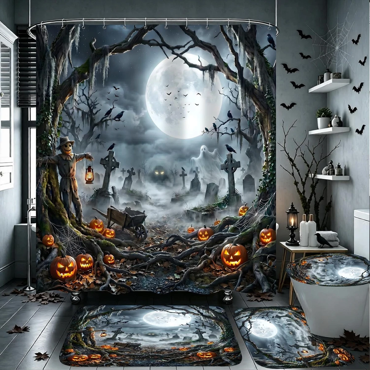 4PCS Halloween Shower Curtain Set with Non-Slip Rug, Toilet Lid Cover and Bat...