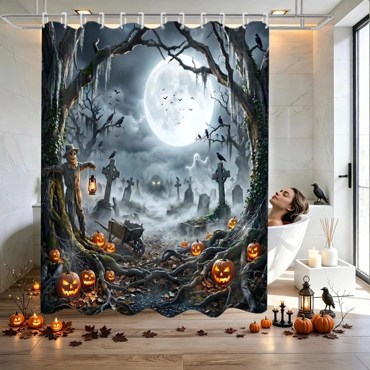 4PCS Halloween Shower Curtain Set with Non-Slip Rug, Toilet Lid Cover and Bat...