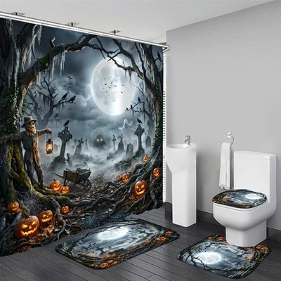 4PCS Halloween Shower Curtain Set with Non-Slip Rug, Toilet Lid Cover and Bat...