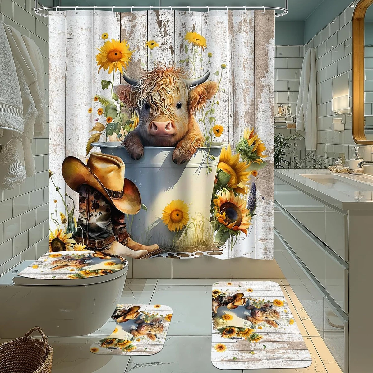 4PCS Highland Cow Shower Curtain Set with Rugs, Bath Mat, Toilet Lid Cover and C
