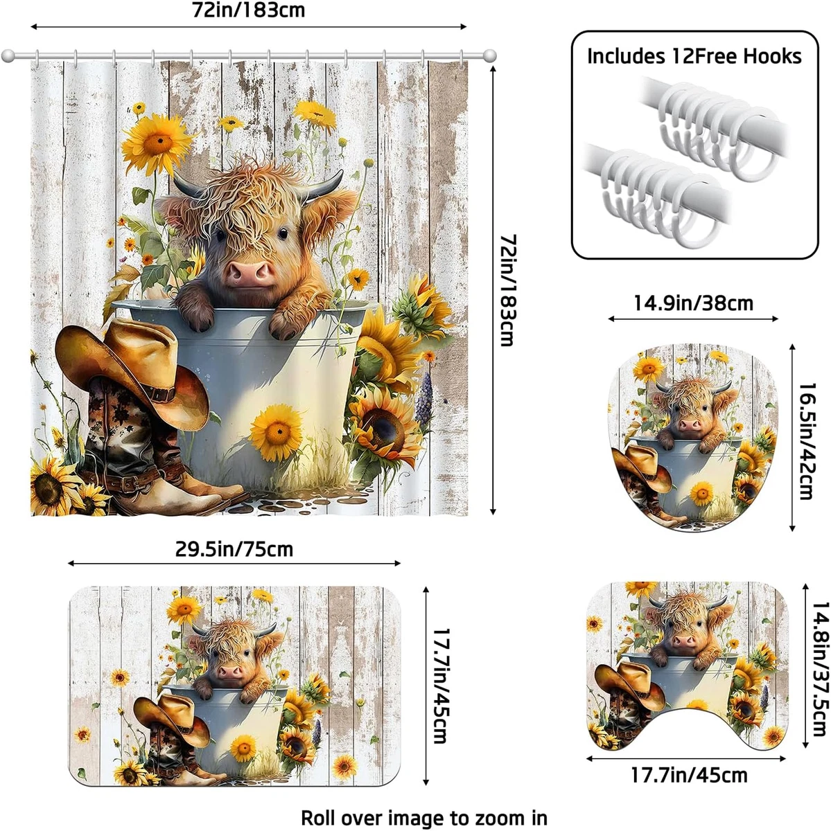 4PCS Highland Cow Shower Curtain Set with Rugs, Bath Mat, Toilet Lid Cover and C