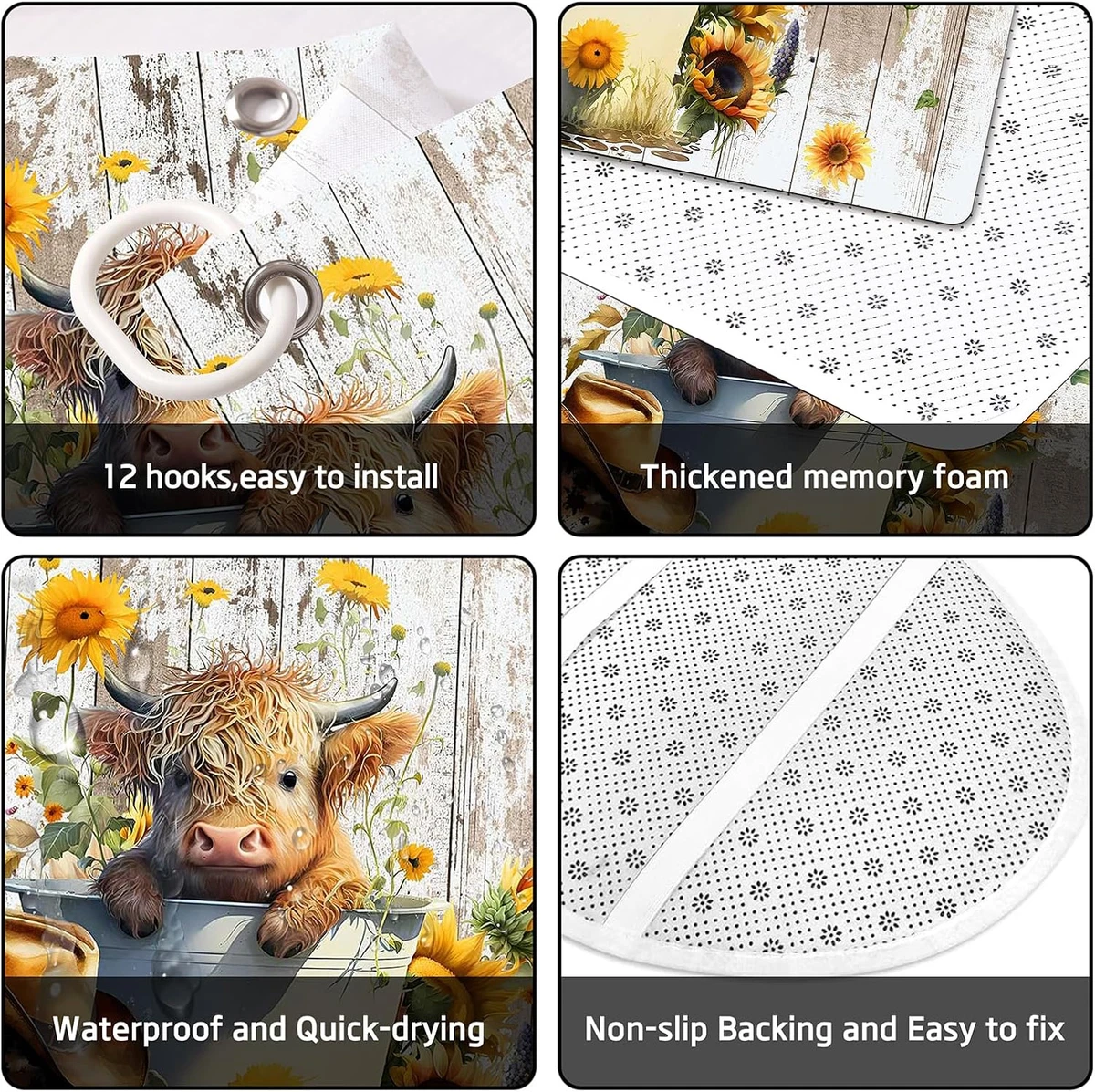 4PCS Highland Cow Shower Curtain Set with Rugs, Bath Mat, Toilet Lid Cover and C