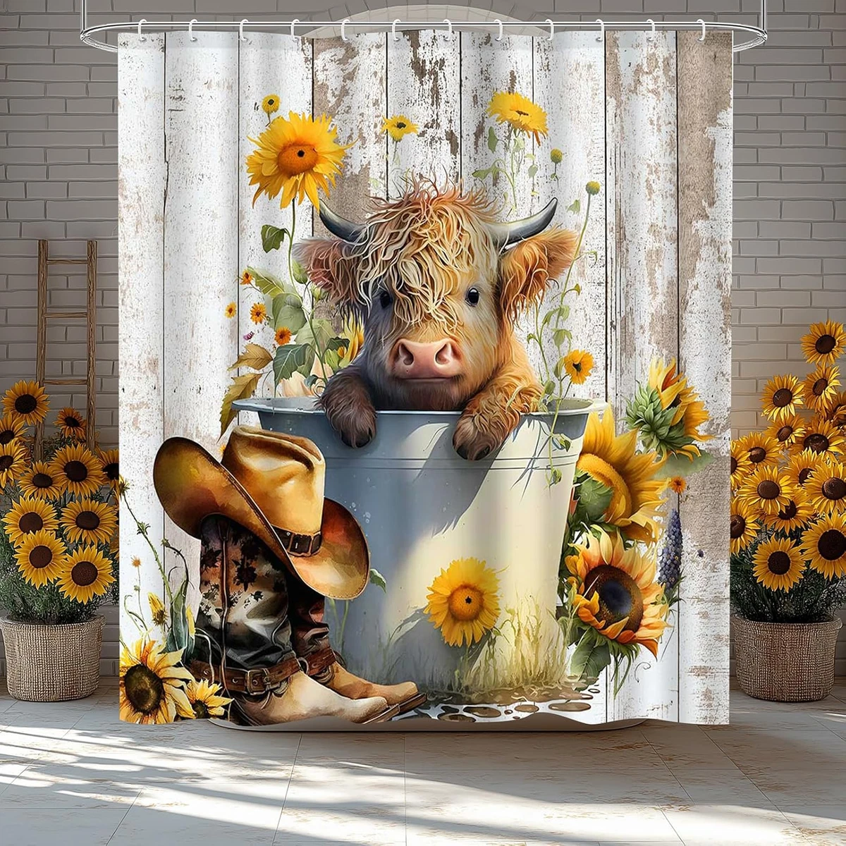 4PCS Highland Cow Shower Curtain Set with Rugs, Bath Mat, Toilet Lid Cover and C