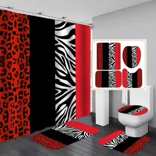  4PCS Leopard Print Shower Curtain Set with Rug, Toilet Lid Cover and A-red