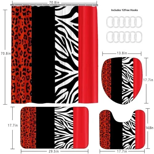  4PCS Leopard Print Shower Curtain Set with Rug, Toilet Lid Cover and A-red