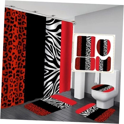  4PCS Leopard Print Shower Curtain Set with Rug, Toilet Lid Cover and A-red