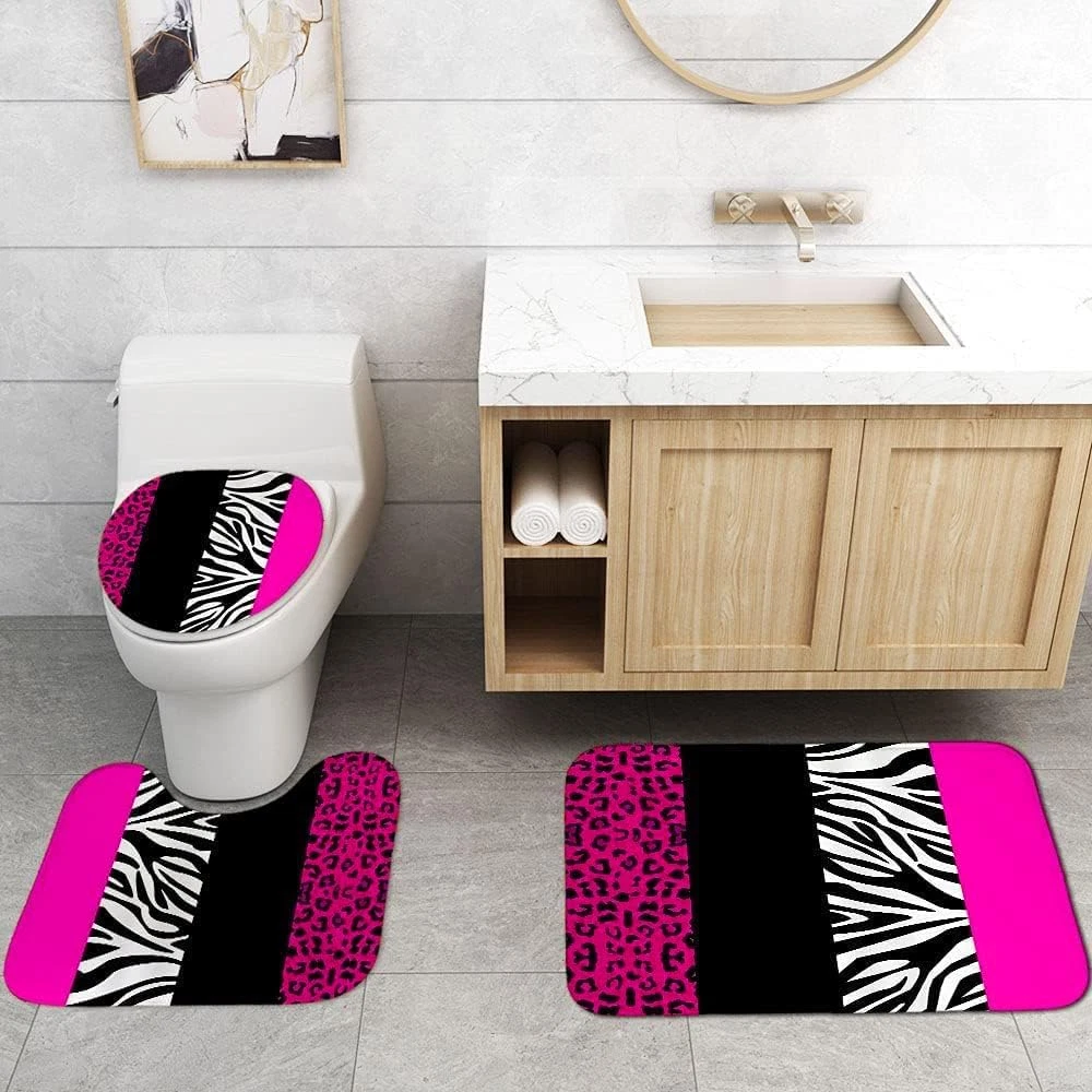 4PCS Leopard Print Shower Curtain Set with Rug, Toilet Lid Cover and Bath Mat, P