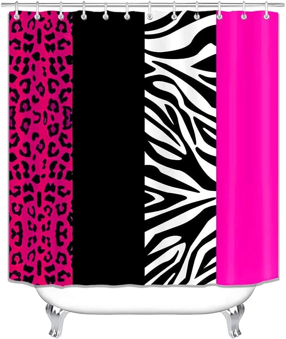 4PCS Leopard Print Shower Curtain Set with Rug, Toilet Lid Cover and Bath Mat, P