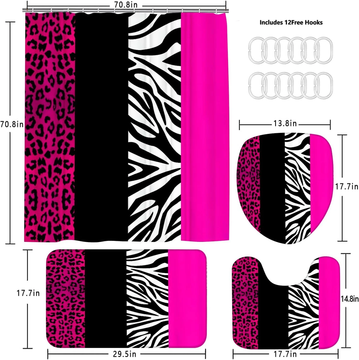 4PCS Leopard Print Shower Curtain Set with Rug, Toilet Lid Cover and Bath Mat, P