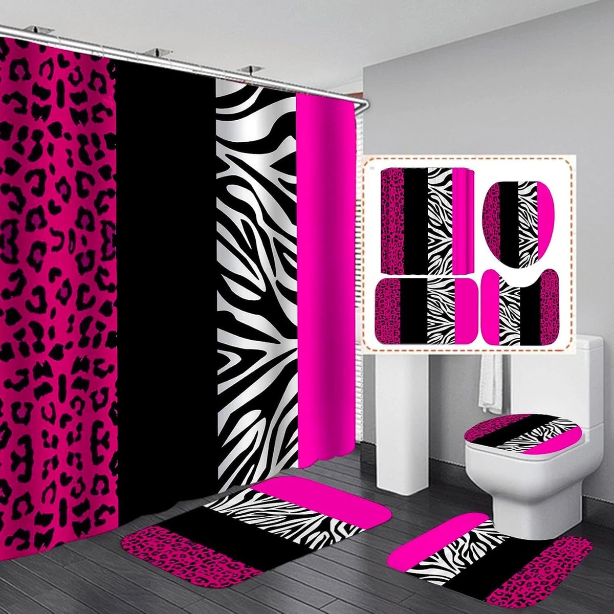 4PCS Leopard Print Shower Curtain Set with Rug, Toilet Lid Cover and Bath Mat, P
