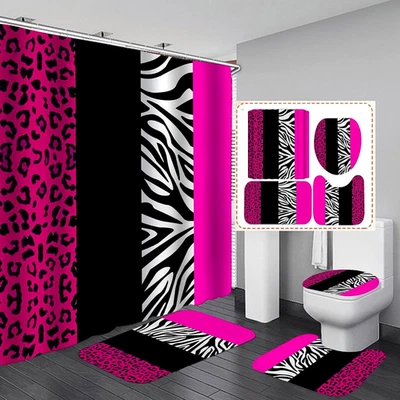 4PCS Leopard Print Shower Curtain Set with Rug, Toilet Lid Cover and Bath Mat, P