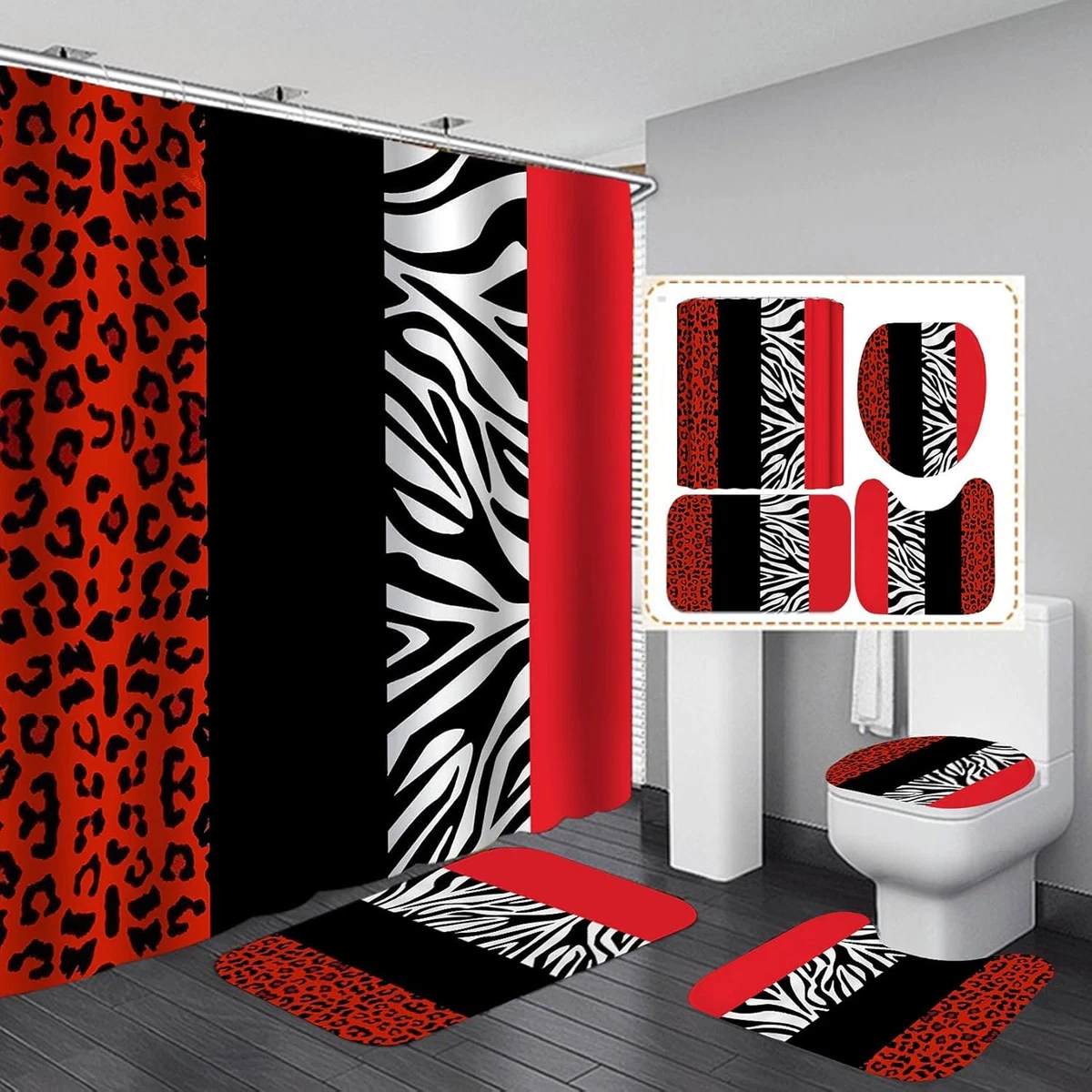 4PCS Leopard Print Shower Curtain Set with Rug, Toilet Lid Cover and Bath Mat,Re