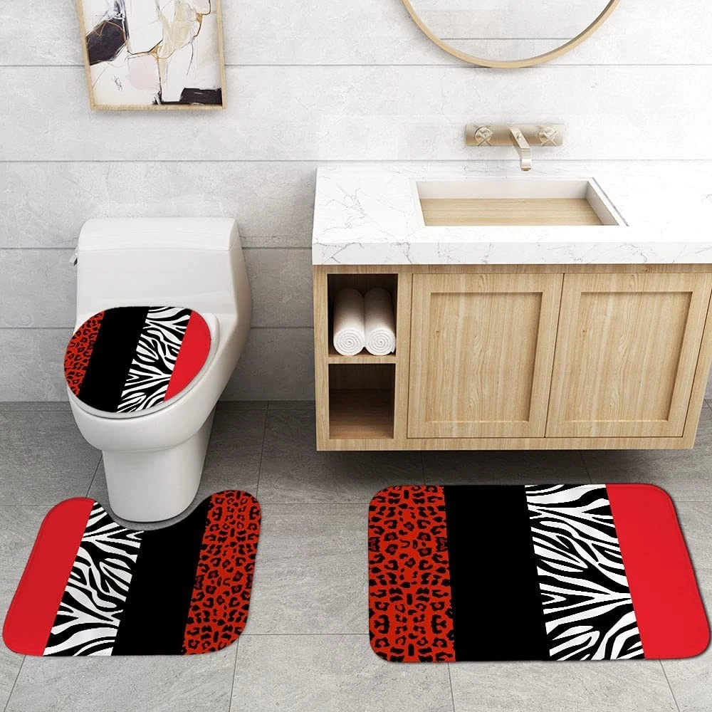 4PCS Leopard Print Shower Curtain Set with Rug, Toilet Lid Cover and Bath Mat...