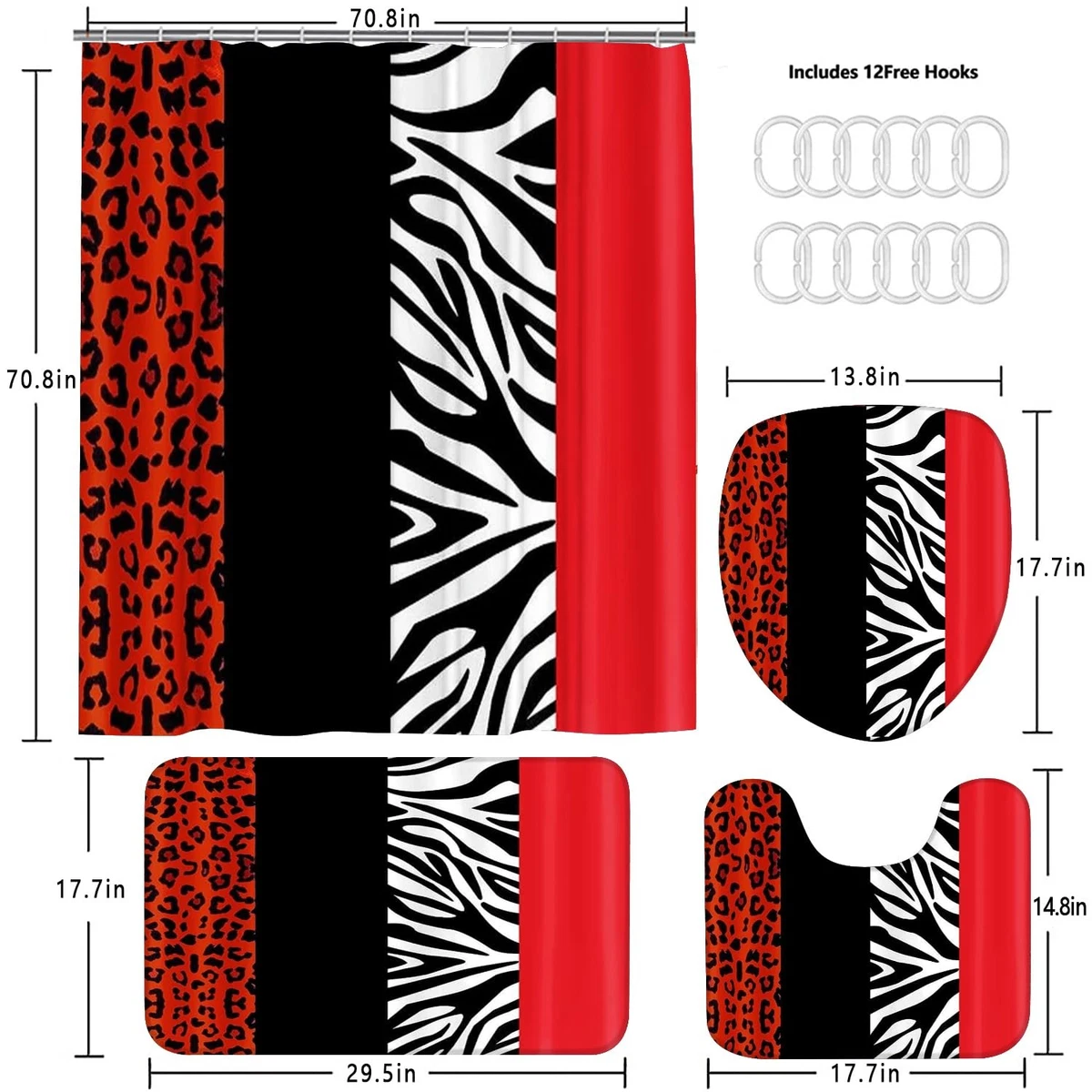 4PCS Leopard Print Shower Curtain Set with Rug, Toilet Lid Cover and Bath Mat...