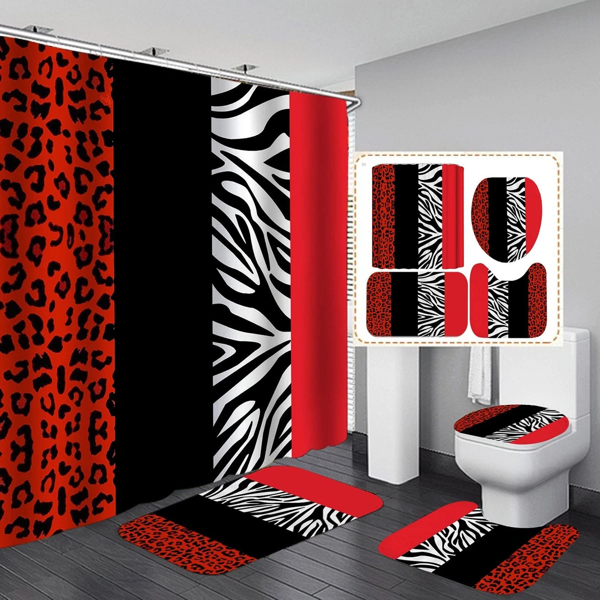 4PCS Leopard Print Shower Curtain Set with Rug, Toilet Lid Cover and Bath Mat...