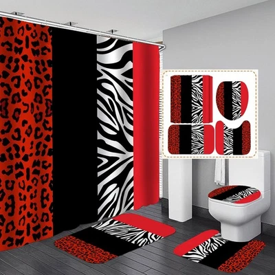 4PCS Leopard Print Shower Curtain Set with Rug, Toilet Lid Cover and Bath Mat...