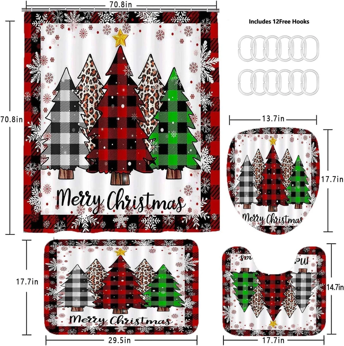 4Pcs Merry Christmas Tree Shower Curtain Sets Red with Rug Toilet Lid Cover and