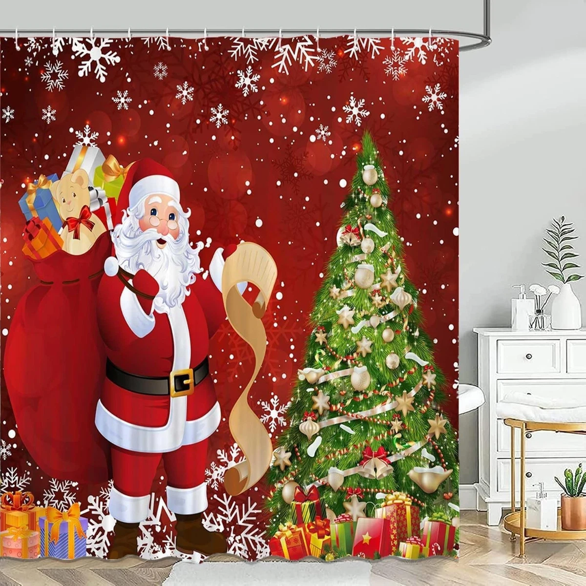 4Pcs Merry Christmas Tree Shower Curtain Sets Red with Rug Toilet Lid Cover and