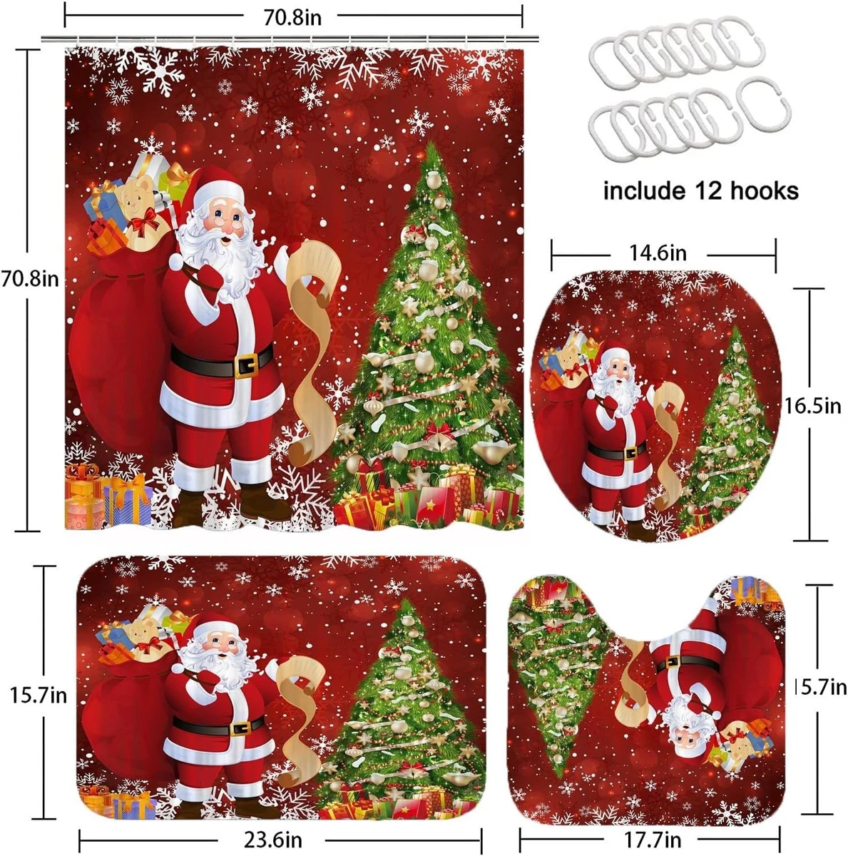 4Pcs Merry Christmas Tree Shower Curtain Sets Red with Rug Toilet Lid Cover and