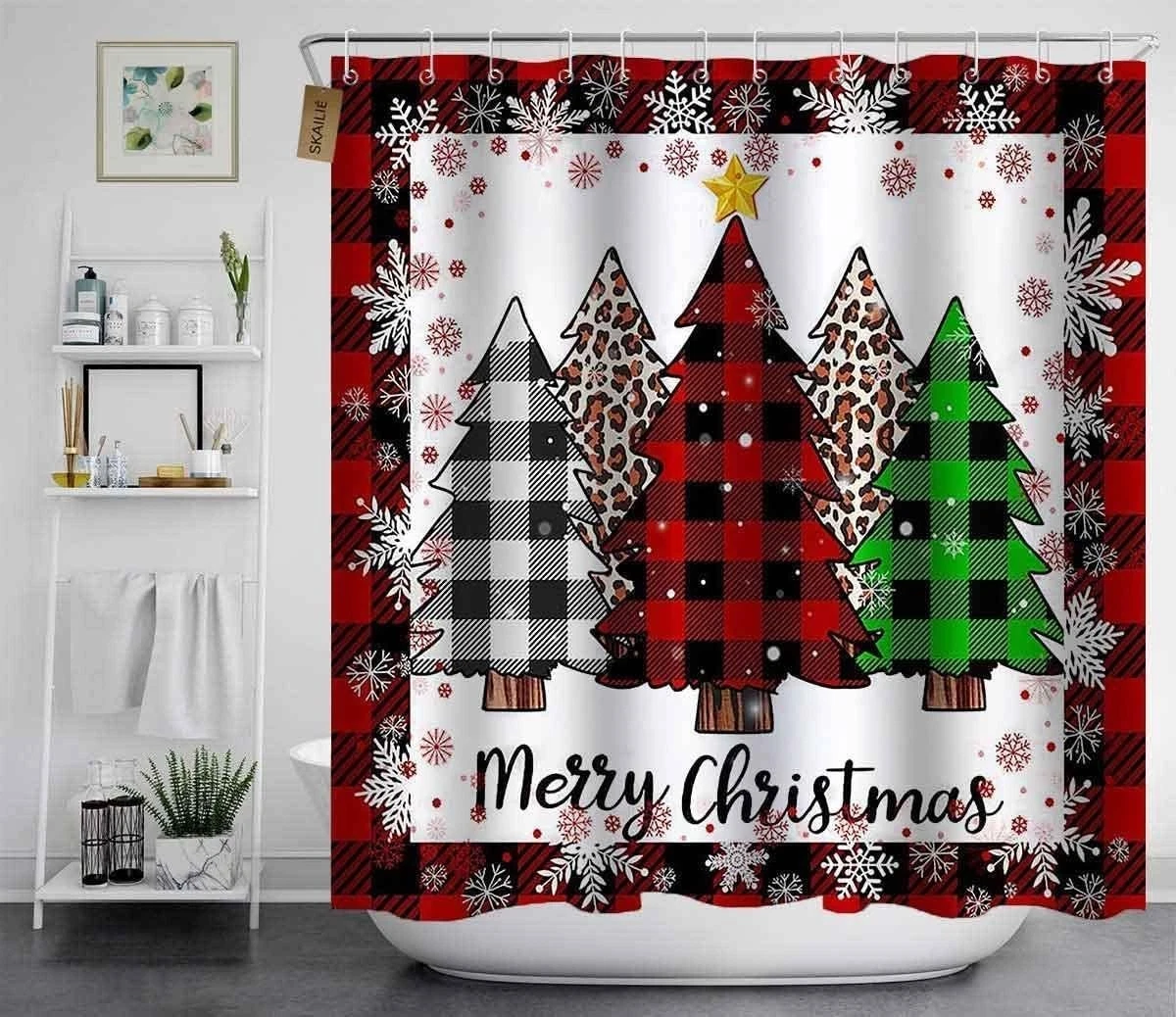 4Pcs Merry Christmas Tree Shower Curtain Sets Red with Rug Toilet Lid Cover and