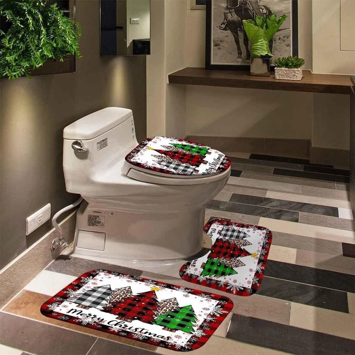 4Pcs Merry Christmas Tree Shower Curtain Sets Red with Rug Toilet Lid Cover and
