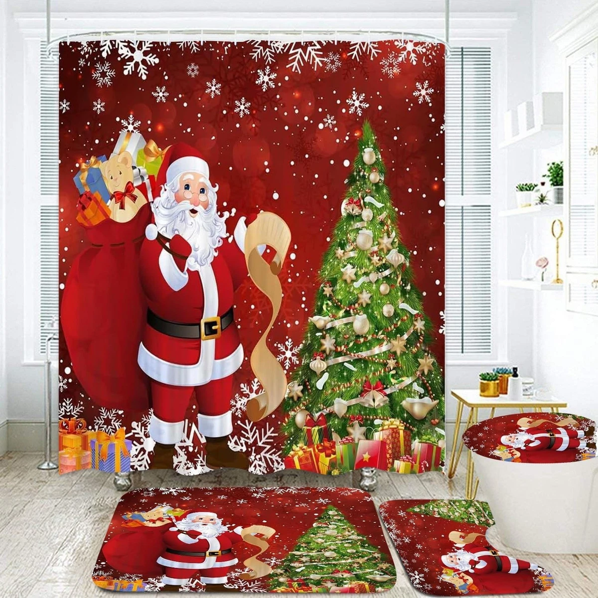 4Pcs Merry Christmas Tree Shower Curtain Sets Red with Rug Toilet Lid Cover and