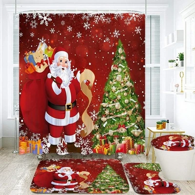 4Pcs Merry Christmas Tree Shower Curtain Sets Red with Rug Toilet Lid Cover and