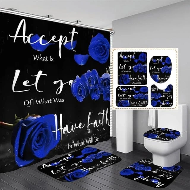 4PCS Modern Motivational Shower Curtain Sets W/ Non-Slip Rugs Toilet Lid Cover &