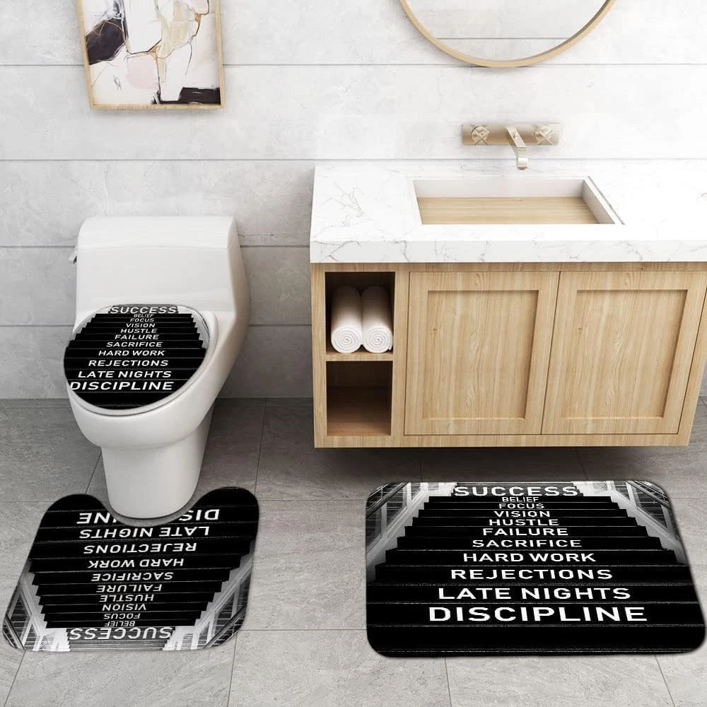 4PCS Modern Motivational Shower Curtain Sets W/ Non-Slip Rugs Toilet Lid Cover &