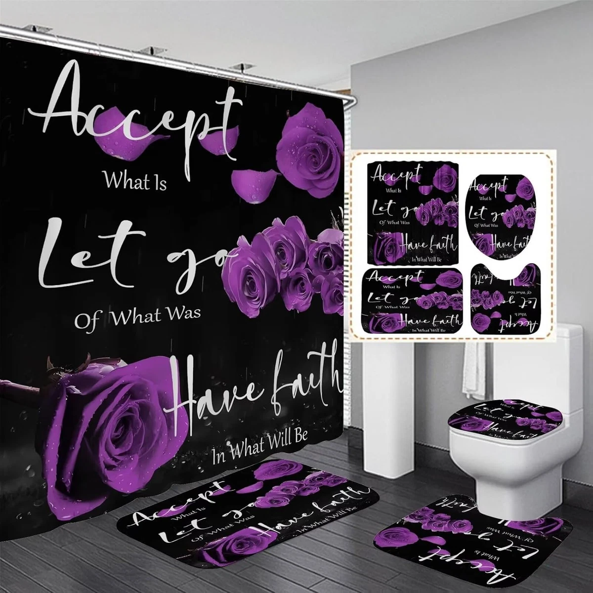 4PCS Modern Motivational Shower Curtain Sets W/ Non-Slip Rugs Toilet Lid Cover &