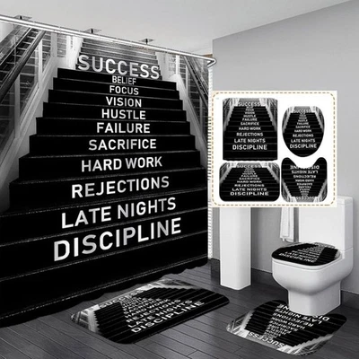 4PCS Modern Motivational Shower Curtain Sets W/ Non-Slip Rugs Toilet Lid Cover &