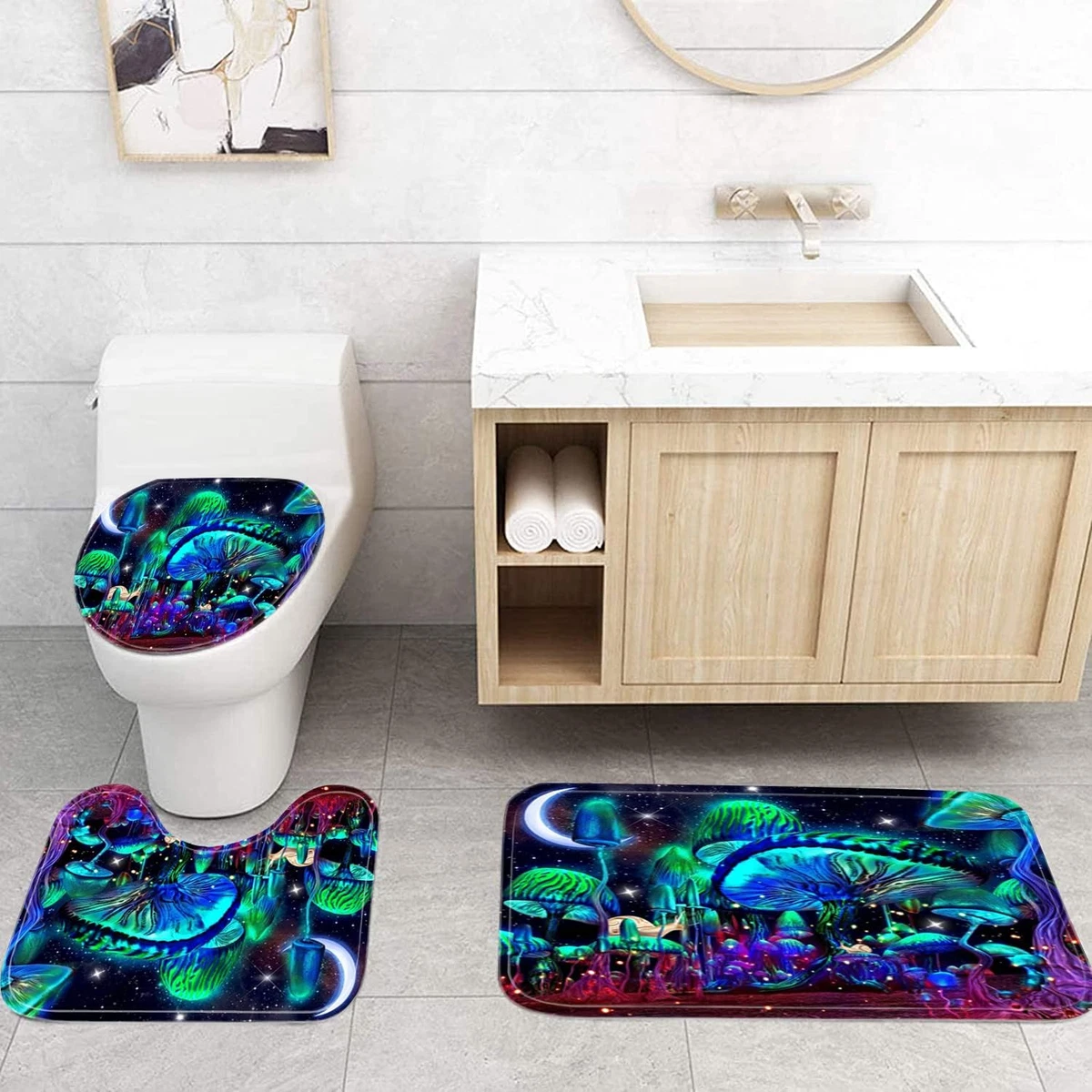 4PCS Mushroom Bathroom Shower Curtain Set with Rugs, Toilet Lid Cover and Bath M