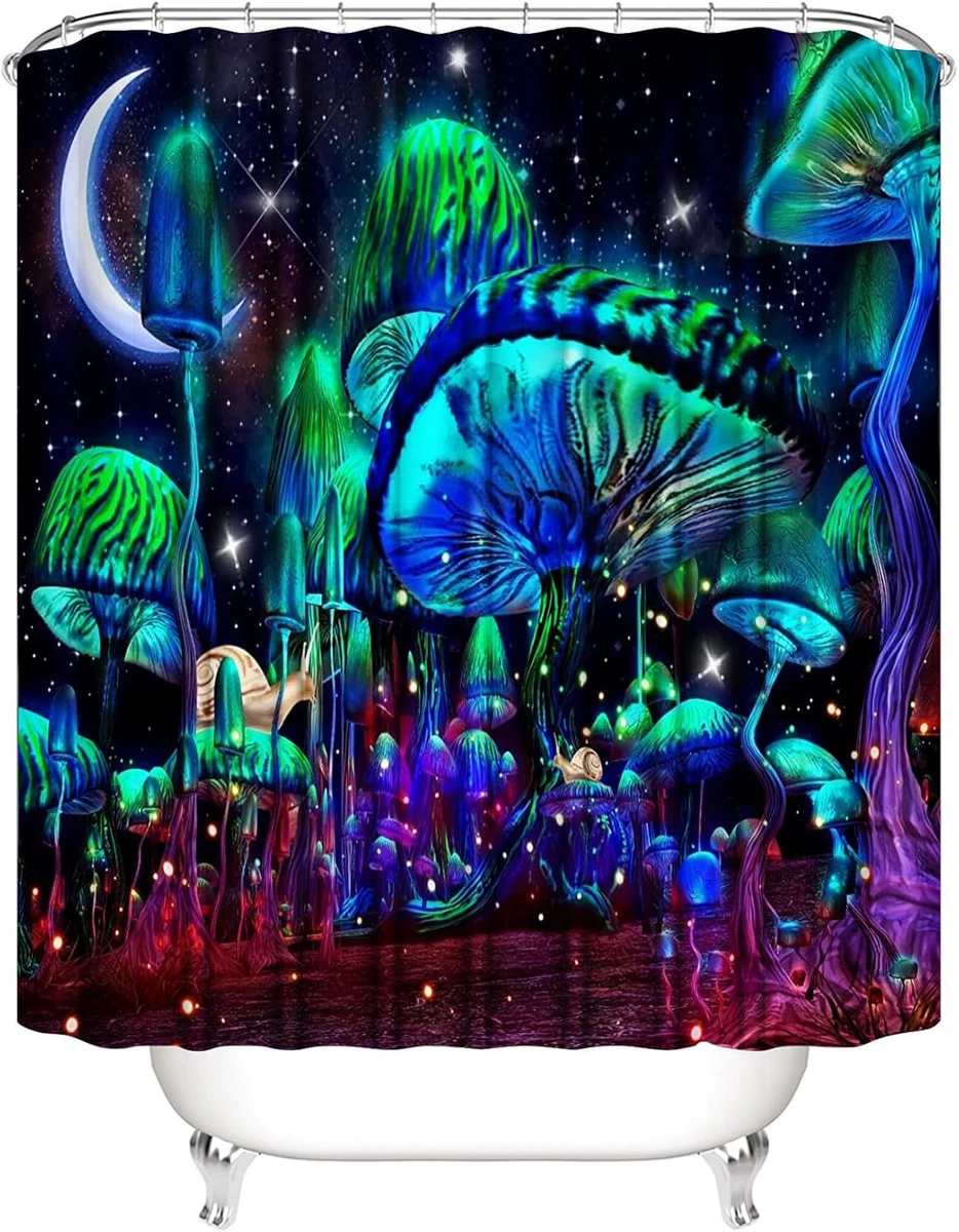 4PCS Mushroom Bathroom Shower Curtain Set with Rugs, Toilet Lid Cover and Bath M